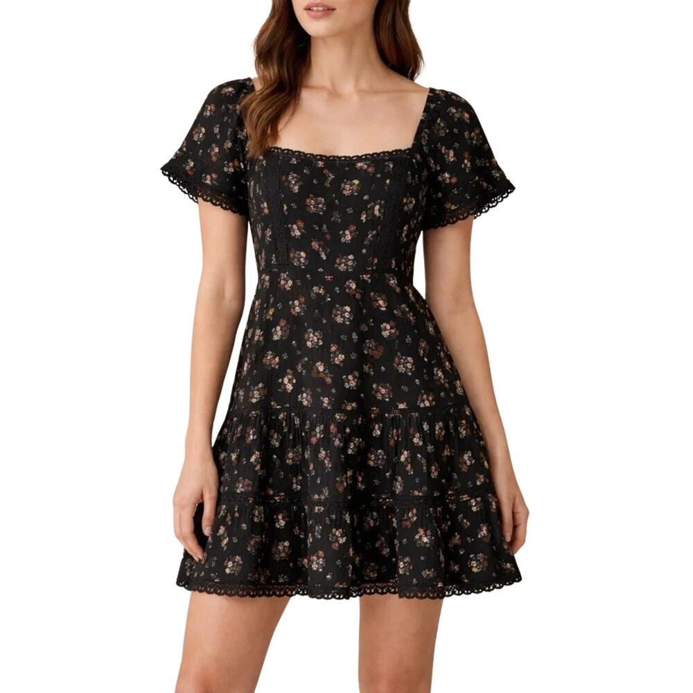 Black Floral American Eagle Square Neck Flutter Sleeve Tiered Mini Dress Size XS